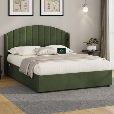 Bed Frame Queen With Gas Lift Storage USB Charging Velvet