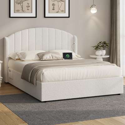 Queen Bed Frame Gas Lift Storage Boucle USB | EXTG