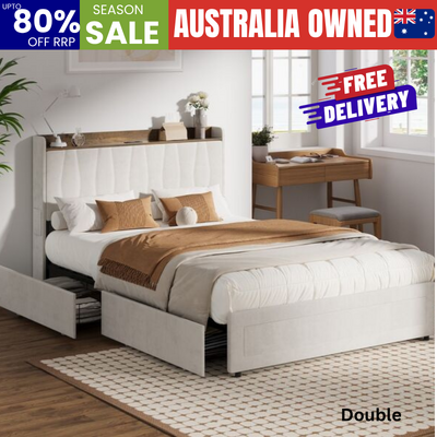 Double Bed Frame Drawers Charging Station Beige | EXTG