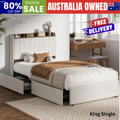 King Single Bed Frame 4 Drawers Charging Station | EXTG