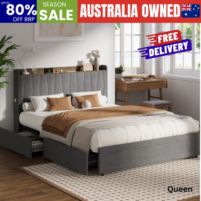 Queen Bed Frame 4 Drawers Charging Port Grey | EXTG