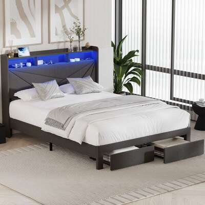 Double Bed Frame LED Headboard With USB Charging & Drawers