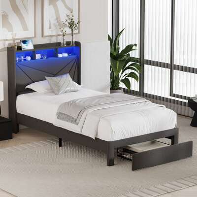 Bed Frame King Single Headboard With USB Charging & Drawers