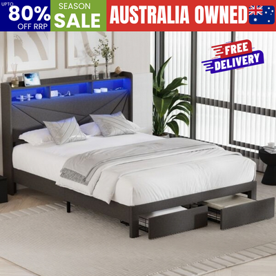 Queen Bed Frame LED Storge Headboard With Charging & Drawers