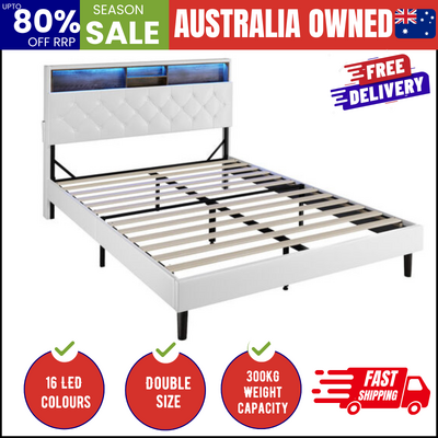 Bed Frame Double Size with LED Storage Bedhead White