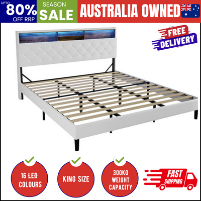Bed Frame King Size with LED Storage Bedhead White