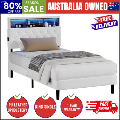 Bed Frame King Single Size with LED Storage Bedhead White