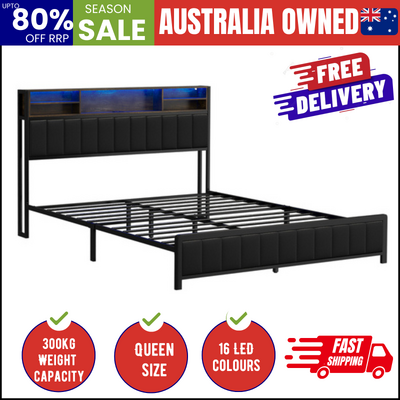 Bed Frame Queen Size Beds Base with LED Storage Bedhead Leather Black