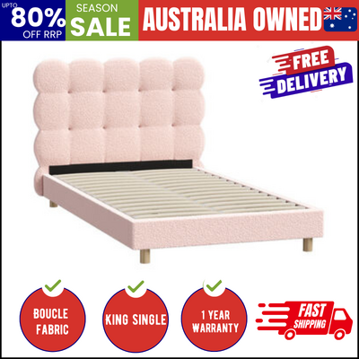 Bed Frame King Single Tufted Bedhead Boucle Fabric Pink