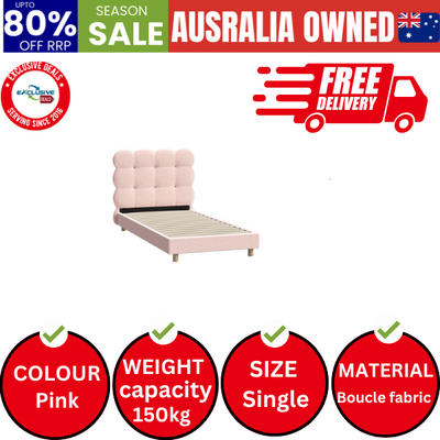 Bed Frame Single Size Tufted Bedhead Boucle Fabric Pink