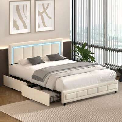 LED Bed Frame Double Size 4 Drawers Adjustable Head Beige