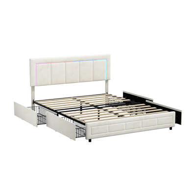 LED Bed Frame Queen Size 4 Drawers Adjustable Headboard Beige