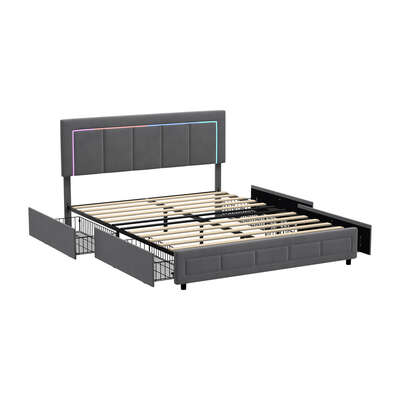 LED Bed Frame Queen Size 4 Drawers Adjustable Head Velvet