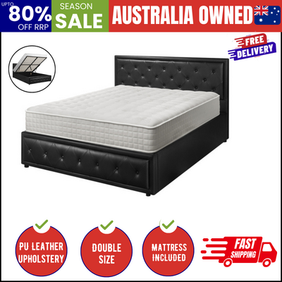 Bed Frame Double Size Gas Lift Storage Mattress Base Black Leather