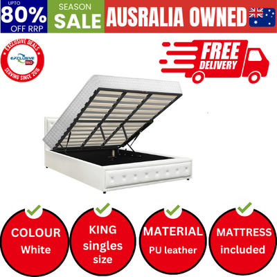 Bed Frame King Size Gas Lift Storage Mattress Base White Leather