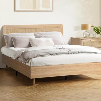 Bed Frame Queen Size Wooden Bed Frame Rattan Headboard