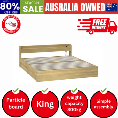 King Bed Frame with Charging Ports 2 Drawers Natural