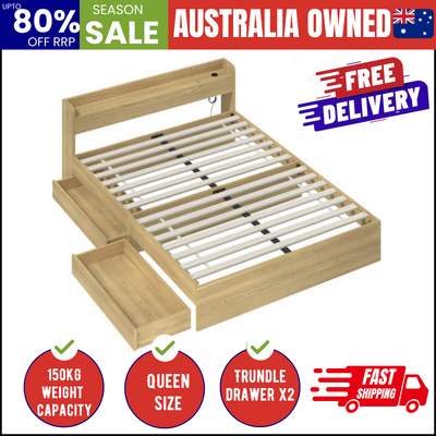 Queen Bed Frame with USB Charging Ports & 2 Storage Drawers Bedroom Furniture