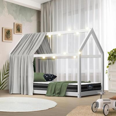 Kids Bed Frame With Single Mattress Set House Style White