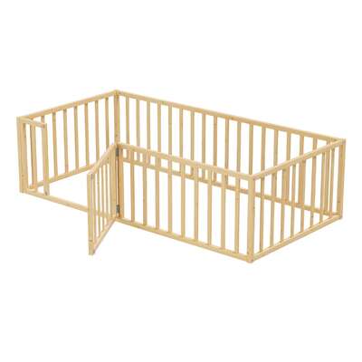 2-in-1 Kids Bed Frame Single Toddler Bed with Play Guard Fence Wood