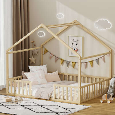 Double Kids Wooden Bed Frame With Timber Base Natural Finish Bedroom Furniture