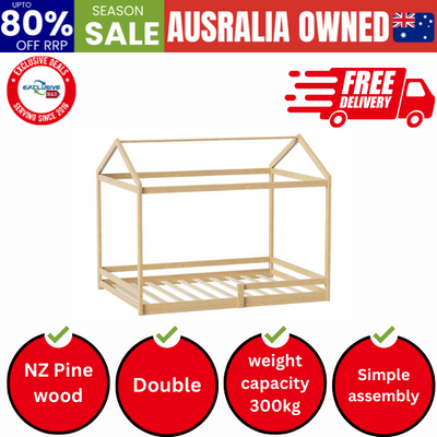 Double Kids Wooden Bed Frame House Beds with Fence Natural
