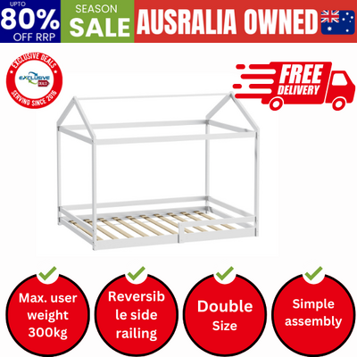Kids Wooden Bed Frame House Base with Fence Double White