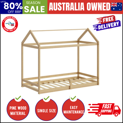 Kids Wooden Bed Frame House Frame Timber with Fence Single Natural