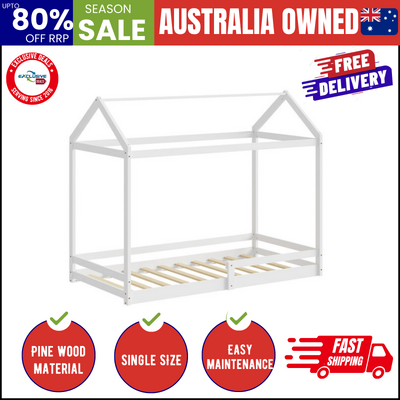 Kids Wooden Bed Frame House Frame Timber with Fence Single White
