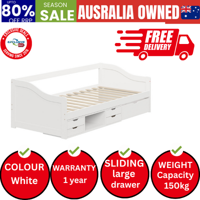 Single Kids Bed Frame with Trundle Storage Drawers Timber White