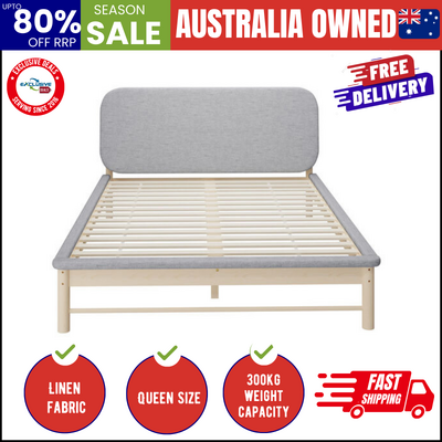 Wooden Bed Frame with Padded Fabric Edges Headboard Queen Size