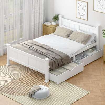 Wood Double Bed Frame with 2 Storage Drawers White