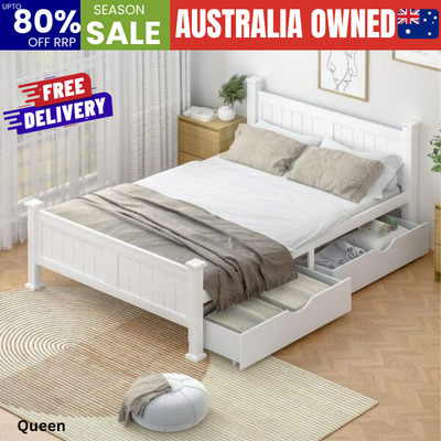 Wood Queen Bed Frame with 2 Storage Drawers White