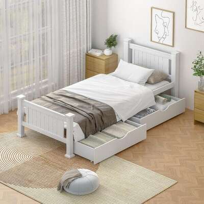 Wood Single Bed Frame with 2 Storage Drawers White