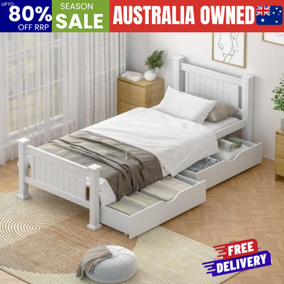 Wood Single Bed Frame with 2 Storage Drawers White