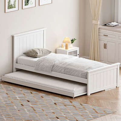 Trundle Bed Frame Single Size Wooden Daybed White