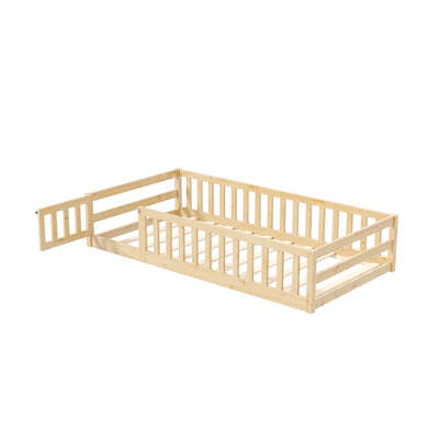 Kids Bed Frame Single Timber Wood Bed with Gate Guard Natural Bedroom