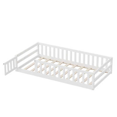 Kids Bed Frame Single Timber Wood Bed with Gate Guard White Bedroom