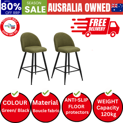 2x Bar Stools Kitchen Counter Stool Green Boucle Padded
