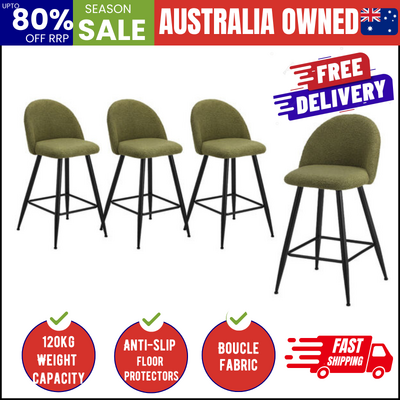 4x Bar Stools Kitchen Counter Stool Green Boucle Padded