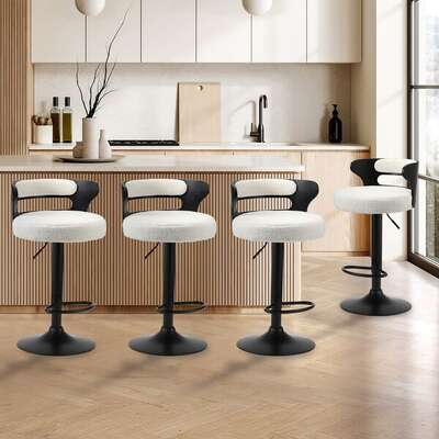 4x Bar Stools Gas Lift Swivel Chairs Wooden Boucle White