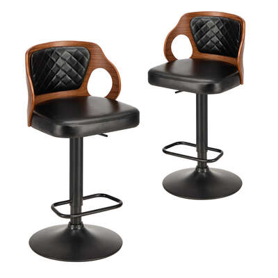 2x Black PU Leather Adjustable Swivel Kitchen Bar Stools with Footrest