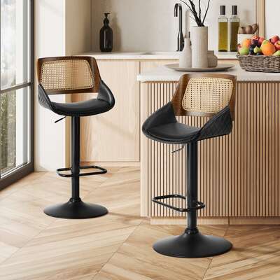 Rattan Bar Stools PU Leather Gas Lift 2pc | EXTG