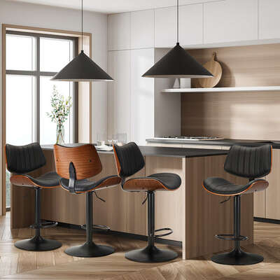4x Bar Stool Kitchen Swivel Chair Wooden Leather Gas Lift