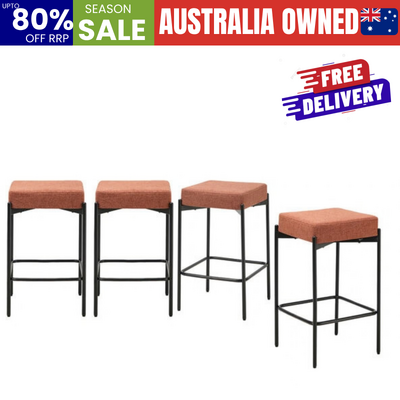 4x Bar Stools Kitchen Dining Chair Linen Seat Metal Orange