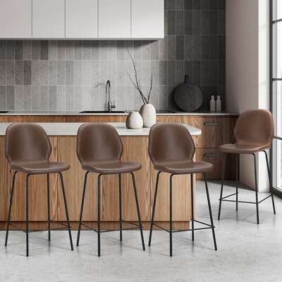 Bar Stools Set of 4 High Back PU Leather Brown | EXTG