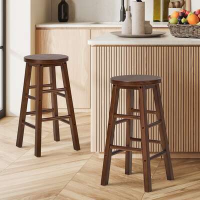 Round Bar Stools Walnut Set 2 Rubber Wood | EXTG