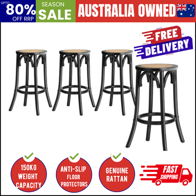 4x Bar Stools Dining Chair Rattan Seat Black