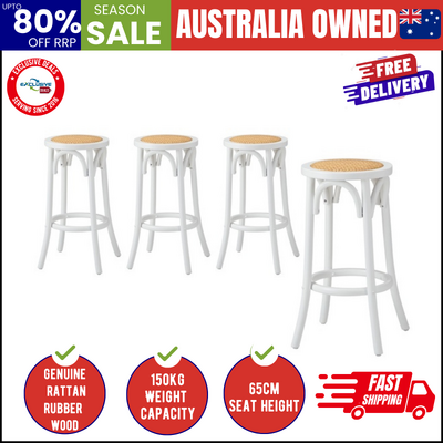 Set of 4 Bar Stools Vintage Rattan Seat White