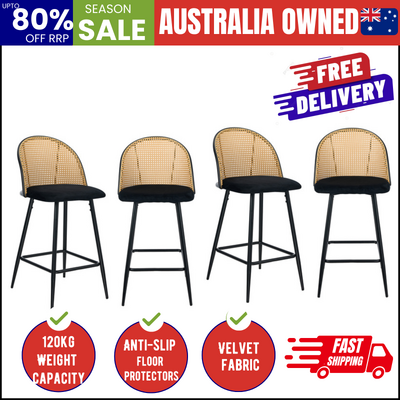 4x Bar Stools Rattan Dining Chair Velvet Black
